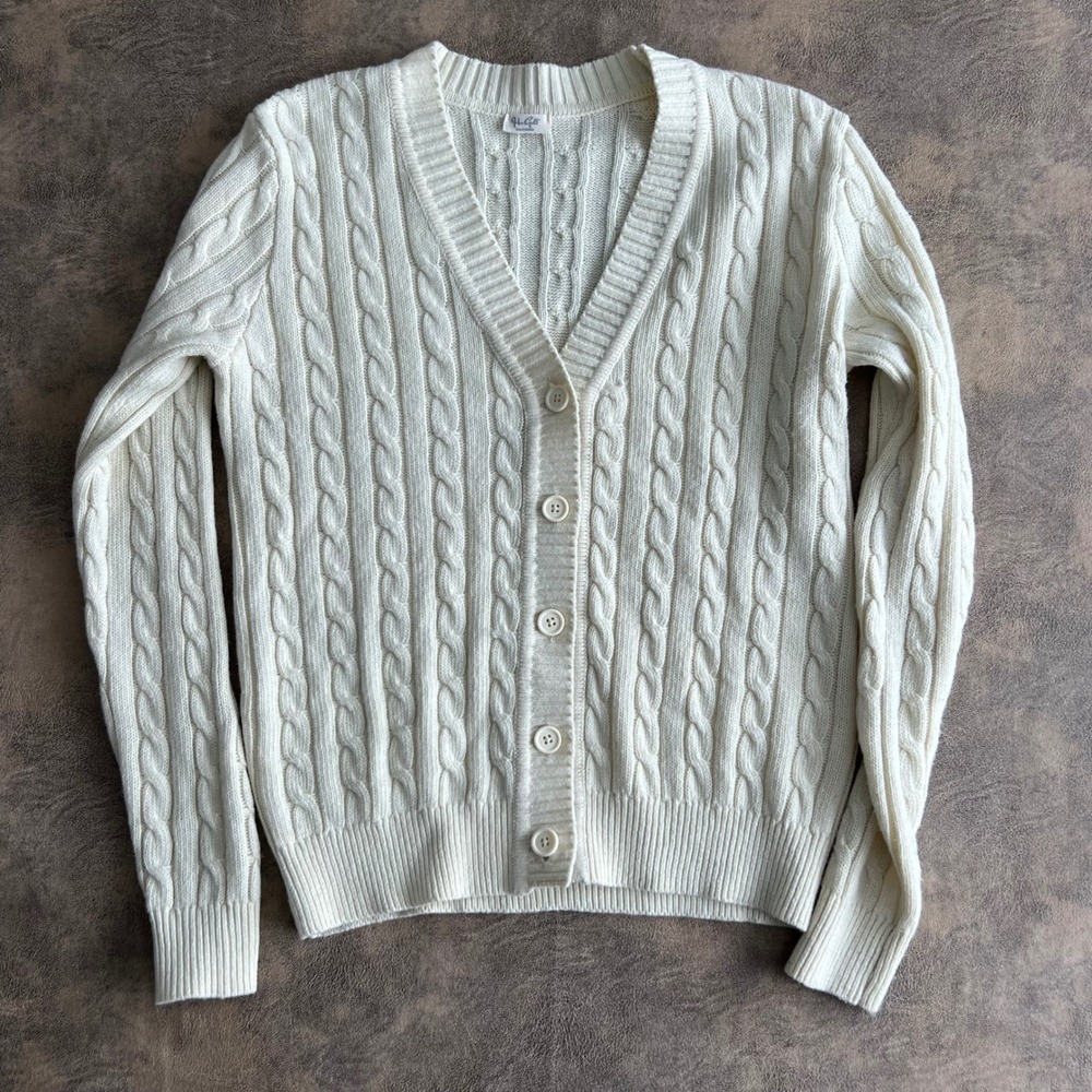 John Galt Cardigan Sweater Women's‎ Size M Ivory Wool Blend Cable Knit